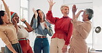 Collaboration, high five or applause and a business woman team standing with their hands in a huddle for celebration. Meeting, goal and wow with a female employee group celebrating success or a deal