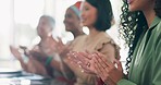 Success, business meeting and team clapping hands for an achievement, celebration or congratulations. Applause, good news and group of corporate employees celebrating successful teamwork in workplace