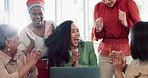 Success, applause and team at laptop with black woman at startup business and email or office announcement. Congratulations, wow and women clapping hands, support and high five for target achievement