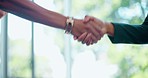 Business people, handshake and welcome for meeting, hello and collaboration of office partnership. Closeup employees shaking hands in teamwork, networking and support of b2b deal, hiring or promotion