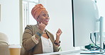 Black woman, celebration and business computer of a employee with winner web results. Happy dance, excited and creative online worker celebrating work success, bonus and good news at a company