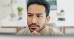 Asian man, face thinking and idea with computer, planning and brainstorming for success in programming. Tech startup worker, executive focus and solution with innovation by desktop pc in workplace