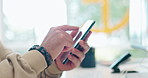 Smartphone in man hands, scroll social media with communication and technology, internet and connectivity. Email, chat and online search, network and check notification with mobile phone and app