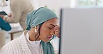 Hijab, headache and business woman burnout at a office computer feeling anxiety and stress. Finance employee, islam and muslim female at work doing tax audit at a computer worried about mistake