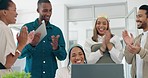 Success, applause and woman with feedback in office at startup business with proud team. Congratulations, cheering and support for winner target achievement with employees clapping hands at desk.