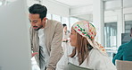 Business people, mentor and funny discussion laughing for joke, meme or colleague by office desk. Happy friendly coach talking to employee in laugh for fun humor, conversation or meeting at workplace