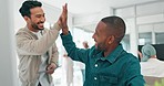 Businessman, startup and high five for motivation at desk with tablet, computer and support for friends in office. Black man, web design and team building in workplace for vision, advice or teamwork