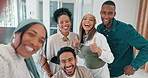 Selfie, office and group of people portrait for social media post, online networking update and happy diversity. Workplace culture, smile and thumbs up or peace sign of employees in profile picture