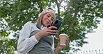 Phone, outdoor and happy woman for job opportunity, career news or online networking ideas, vision or goals. Smile business person, coffee break and smartphone for social media, 5g chat or mobile app