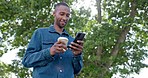 Park, texting and man relax with coffee, happy and calm in nature for travel, day off and tree background. Tea, black guy and online chat while standing in forest, casual and carefree on the weekend