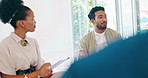Talking business people, planning or meeting with tablet, paper or documents in teamwork circle, huddle or training. Men, women or technology in office workshop, strategy or diversity collaboration 