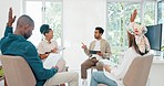 Businessman, talking or answer hands in diversity workshop, training or feedback on tablet or paper. Collaboration, teamwork or strategy planning question for mentor with technology in review meeting