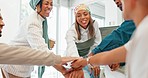 Business people, hands or huddle pile in collaboration, teamwork or motivation in company growth, target or goals. Smile, happy or diversity in circle, team building or solidarity support for success