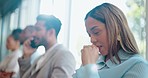 Nail, bite and woman in waiting room for interview, recruitment or vacancy, nervous and overwhelmed. Anxiety, stress and lady anxious for job opportunity, worry and panic in queue before HR meeting 