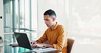 Businessman, laptop and typing for planning, schedule and focus with notebook for idea, research or goals. Entrepreneur, computer and book for marketing strategy, vision or development in New York