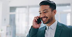 Phone call, face and communication with a business man talking using his mobile while standing in the office. Smartphone, talk and networking with a male employee chatting on a call at work