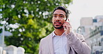 Phone call, walking and city with a business man outdoor for communication or networking in the day. Smartphone, 5g mobile technology and talking with a male employee on a walk in an urban town