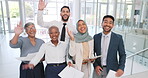 Documents, collaboration and wave with a business team at work together in their office while greeting. Portrait, happy and smile with a man and woman employee group waving while reading paper