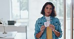 Business woman, gender equality and paper sign, face and gender with balance and fair opportunity in workplace. Portrait, mockup and social problem with protest for equal salary and feminism movement