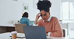 Stress, headache and burnout with a business black woman at work on a laptop in her office for a deadline. Computer, compliance and mental health with a female employee working on a company project