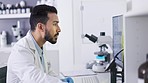 Scientist at computer screen, man with science data and research study in laboratory, technology and scientific innovation. Information analysis, health and biotechnology with doctor and exam results