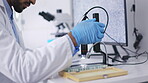 Science study, man scientist and biotechnology with scientific tech, innovation and data analysis in laboratory. Research, doctor review sample and writing results, experiment with lab equipment