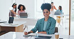 Face, black woman or worker in office building working on hr administration with a happy smile at office desk. Portrait, focus or African employee writing a mission, mission or goals for success