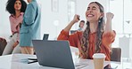 Yes, success and winner with business woman and celebration, happy with achievement, kpi and target goal with promotion. Bonus, celebrate and fist pump, professional victory with laptop and cheers.