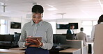 Tablet, research and design with a business black woman at work using the internet in her office. Creative, innovation and search with a female employee working on planning or strategy online