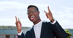 Happy, success or businessman in celebration on rooftop with positive hand gestures or signs after a business deal. Motivation, portrait or excited black man celebrates sales growth, goals or winning