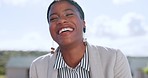 Face, happy or funny black woman on rooftop laughing at joke or relaxing in Kenya with business goals or mission. Smile, entrepreneur or portrait of African employee on a break with positive mindset