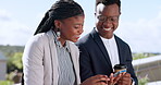 Collaboration, communication and coffee with a black business team talking outdoor while using a phone. City, meeting and planning with a man and woman employee working together with teamwork outside