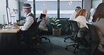 Digital marketing, computer or employees in a digital agency office building with focus, productivity or kpi goals. Website, men and women working on sales growth mission or SEO strategy on internet