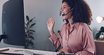 Communication, computer or black woman on a video call in call center consulting, networking or helping with advice. Contact us, wave or happy African worker talking, conversation or speaking online