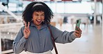 Black woman influencer, selfie and peace sign with smile, smartphone or walking in urban shopping mall. Happy, phone and woman with hand gesture for social media, web or online app at mall in Atlanta