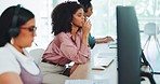 Stress, tired or black woman in call center with burnout or fatigue from working with pressure at office desk. Customer services, headache or exhausted sales agent frustrated with migraine or problem