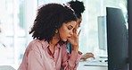 Stress, tired or black woman in call center with burnout or fatigue from working with pressure at office desk. Customer services, headache or exhausted sales agent frustrated with migraine or problem