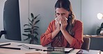 Business, woman and sneeze in office, computer and sickness. Female entrepreneur, administrator and tissue for illness, flu and girl overworked, burnout and employee for corporate planning or startup