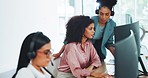 Call center, coaching and computer with women, telemarketing and communication with teamwork in office. Black woman, mentor and crm expert with customer service, help and training at job in Atlanta