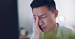 Asian businessman, tired and hand on face in communication office, headache and marketing company. Man, computer or late night reading with burnout, target or kpi at digital marketing agency in Tokyo