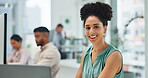 Face, black woman or manager in office building in hr with career goals, growth mindset or motivation for success. Portrait, business or female African employee with a happy smile, mission or vision 