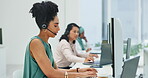 Computer, telemarketing or black woman in call center consulting, talking of helping clients with life insurance. Crm, customer services consultant or sales agent speaking at technical support job