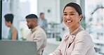 Office, desk and face of business woman with smile working on business proposal, project and planning. Success, leadership and Asian worker in corporate workplace with computer for management career