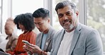 Man, smile and face in waiting room queue for recruitment, hiring or opportunity for finance job. Senior businessman, happy and portrait with business people, human resources or interview in New York