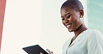 City, business and black woman with tablet for planning data analytics, online strategy and app research. Mockup, office building and digital technology for social media, internet and  website design