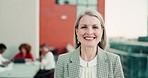 City, rooftop and face of business woman with a smile, pride and success in her leadership career. Professional, happy and portrait of senior company manager standing on outdoor balcony in Australia.