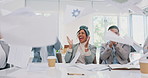 Business people, throwing paper or success meeting in winner finance planning, company growth goals or target motivation. Happy smile, flying documents or excited financial teamwork in diversity kpi