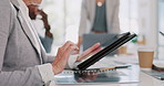 Hands, tablet and senior woman in meeting researching, internet browsing or networking. Technology, planning or elderly female employee typing on touchscreen with business people in company workplace