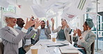 Business people, throwing paper or success meeting in winner finance planning, company growth goals or target motivation. Happy smile, flying documents or excited financial teamwork in diversity kpi