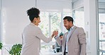 Secret hand shake of friends, people or partnership team working in San Francisco office. Shaking hands, USA business workforce or fun black woman greeting businessman with creative welcome handshake
